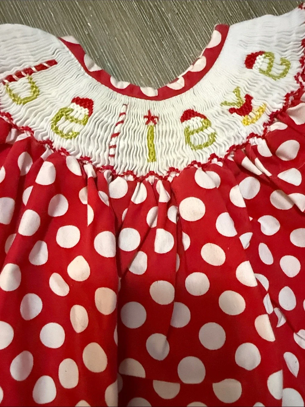 Red Polka Dot “Believe” Smocked Kids Dress